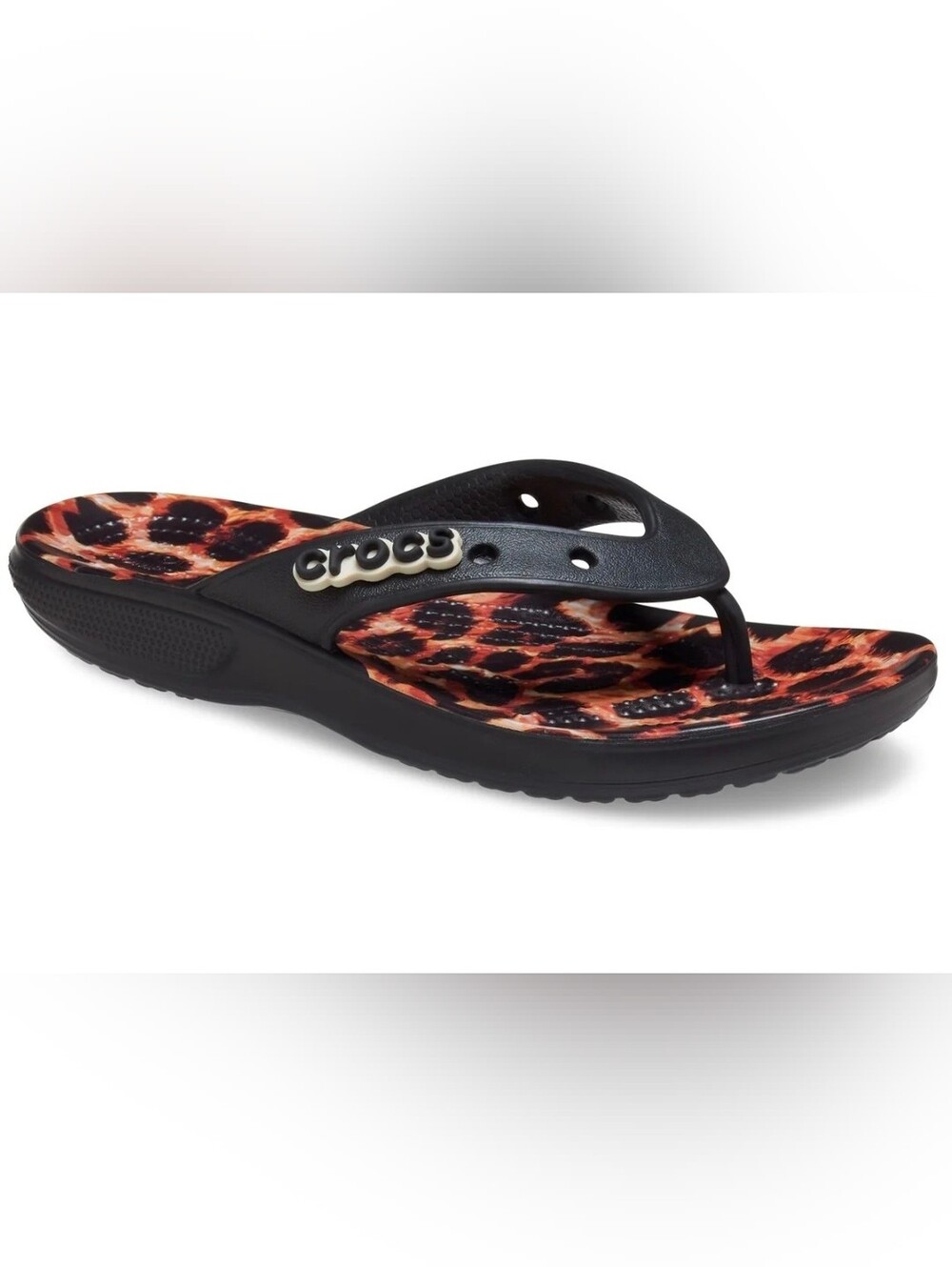 Sz 10 CROCS Leopard Print Flip Sandals - Black Straps, Brown/Black Footbed New